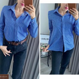 Заказать синюю рубашку для женщин с длинным рукавом в полоску (размер 42-54) по скидке