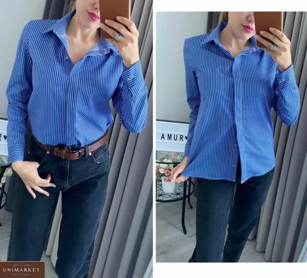 Замовити синю сорочку для жінок з довгим рукавом в смужку (розмір 42-54) по знижці
