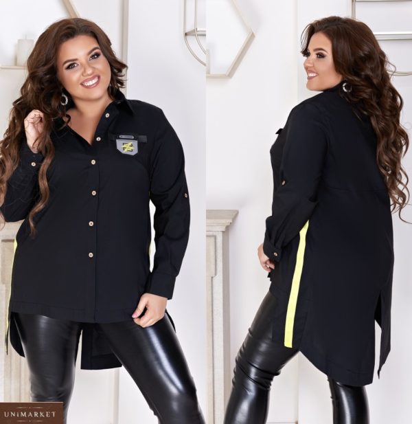 Придбати чорну жіночу подовжену сорочку на ґудзиках з лампасами (розмір 48-66) вигідно