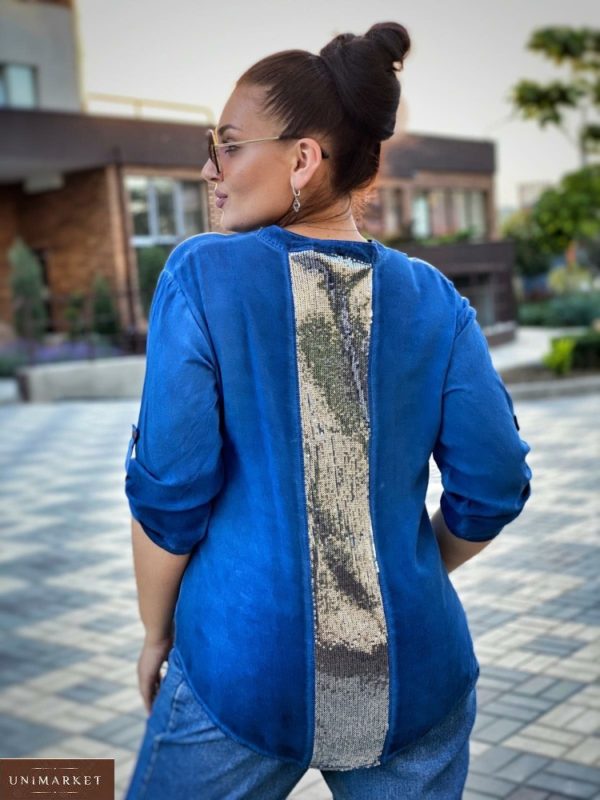 Приобрести синюю женскую рубашку из вискона с декором из пайеток на спине (размер 46-56) по скидке