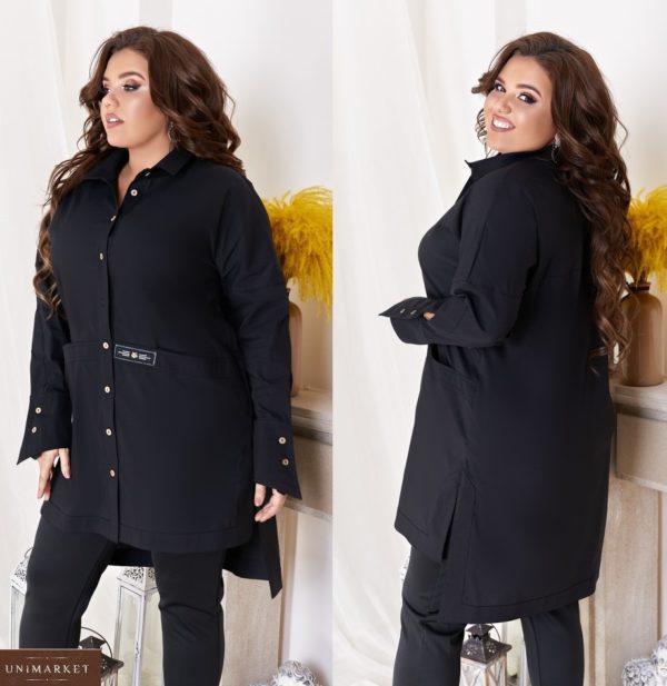 Придбати чорну жіночу подовжену сорочку з опущеною лінією плеча (розмір 48-62) в інтернеті