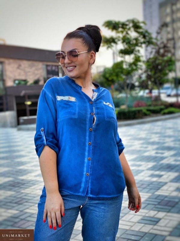 Купить синюю женскую рубашку из вискона с декором из пайеток на спине (размер 46-56) выгодно