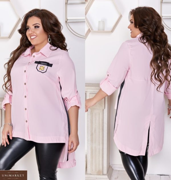 Купити рожеву жіночу подовжену сорочку на ґудзиках з лампасами (розмір 48-66) онлайн