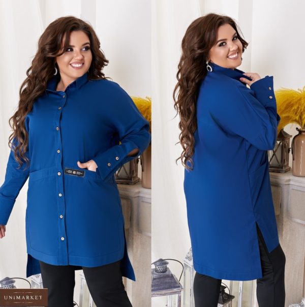 Заказать синюю женскую удлиненную рубашку с опущенной линией плеча (размер 48-62) дешево