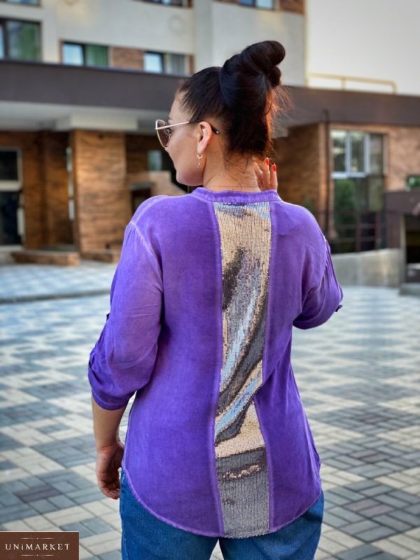 Заказать лиловую женскую рубашку из вискона с декором из пайеток на спине (размер 46-56) дешево