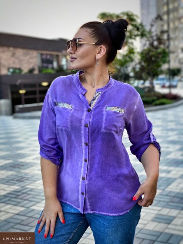 Приобрести лиловую женскую рубашку из вискона с декором из пайеток на спине (размер 46-56) по низким ценам
