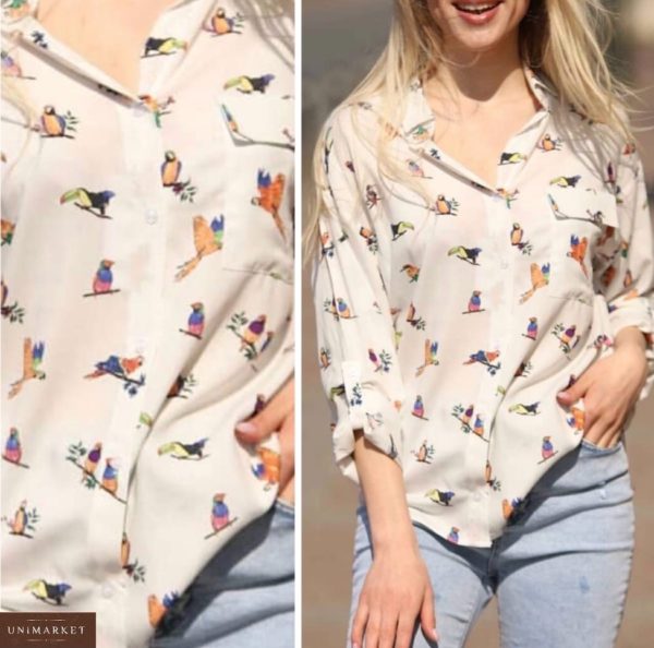 Купить женскую легкую рубашку белого цвета с принтом птицы (размер 42-48) дешево
