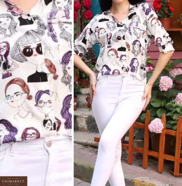 Замовити жіночу літню прінтована сорочку білого кольору з штапеля (розмір 42-48) в Україні