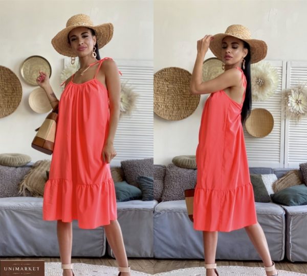 Купити помаранчевий жіночий сарафан з воланом на тонких бретельках онлайн