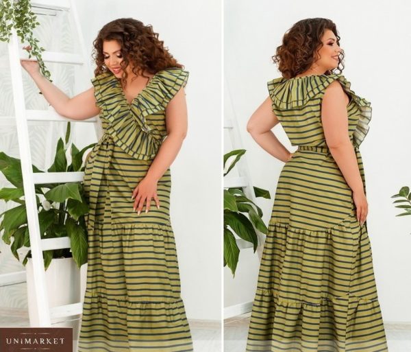 Придбати зелене жіночий легкий довгий сарафан в морському стилі з рюшами (розмір 48-62) по знижці