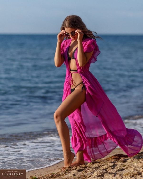 Купити малинову жіночу туніку з шифону на пляж з рюшами по знижці