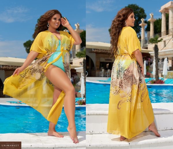 Замовити жіночу прінтовану пляжну туніку з шифону (розмір 42-62) жовтого кольору онлайн