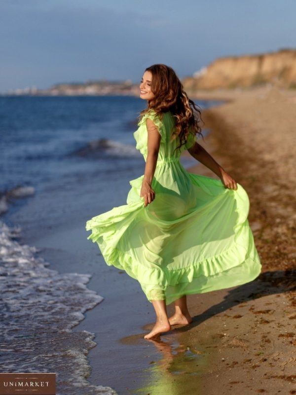 Придбати салатовий неонову туніку з шифону на пляж для жінок з рюшами дешево