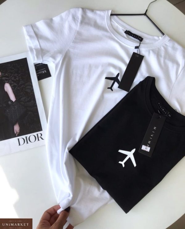 Купить черную, белую женскую футболку из коттона с принтом самолет по скидке