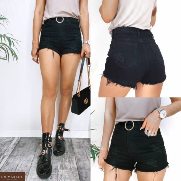 Купить черные джинсовые женские шорты с поясом и потертостями онлайн