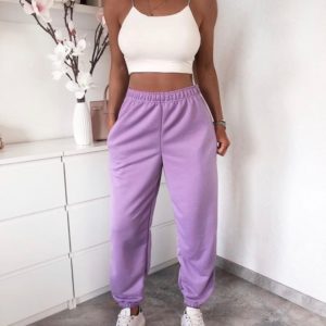 Купить женские трикотажные штаны на резинке из двухнити лавандового цвета онлайн (размер 42-50)