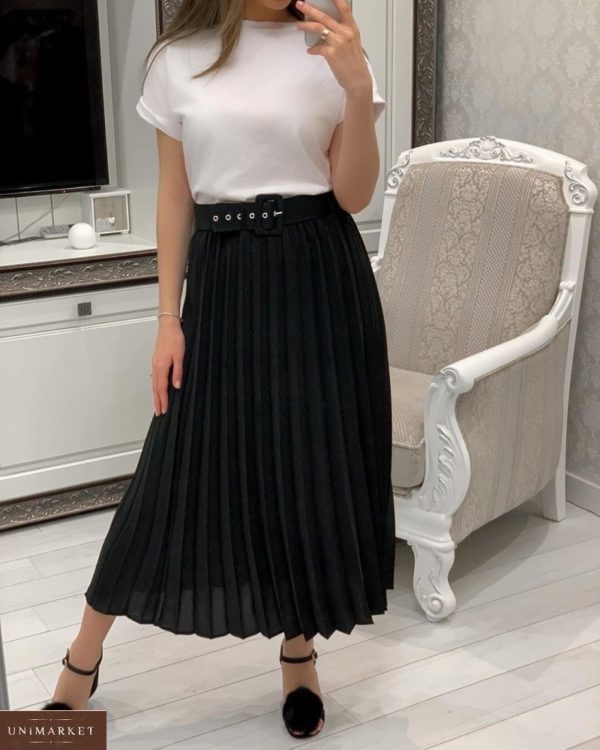 Купить черную женскую плиссированную юбку из коттона с поясом в Украине