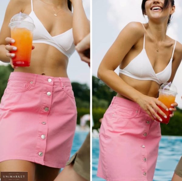 Заказать розовую женскую джинсовую цветную юбку на пуговицах онлайн