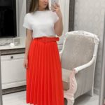 Приобрести красную женскую плиссированную юбку из коттона с поясом онлайн