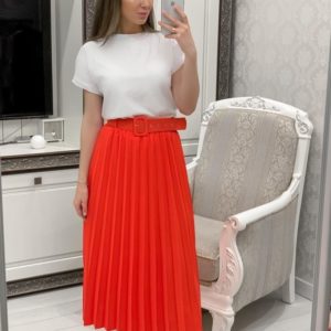 Приобрести красную женскую плиссированную юбку из коттона с поясом онлайн
