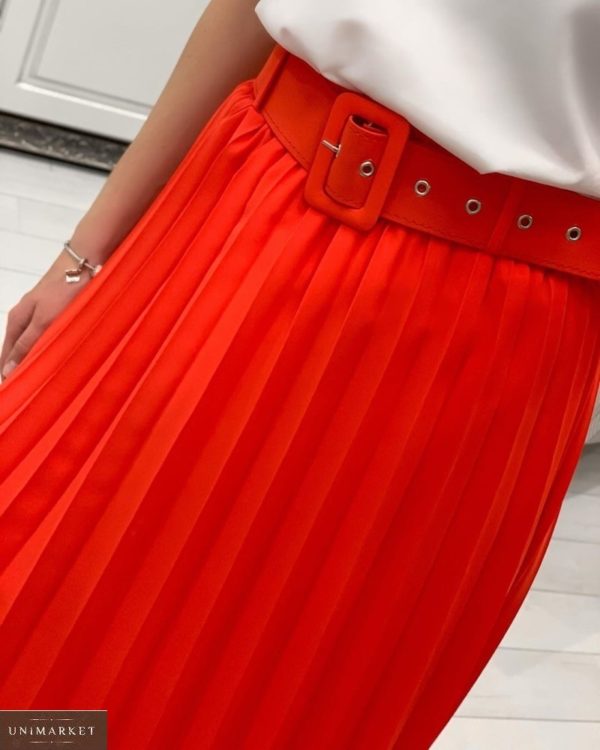 Заказать красную женскую плиссированную юбку из коттона с поясом дешево