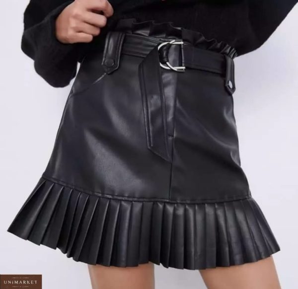 Заказать черную женскую юбку из эко кожи с окантовкой из плиссировки во Львове, Киеве