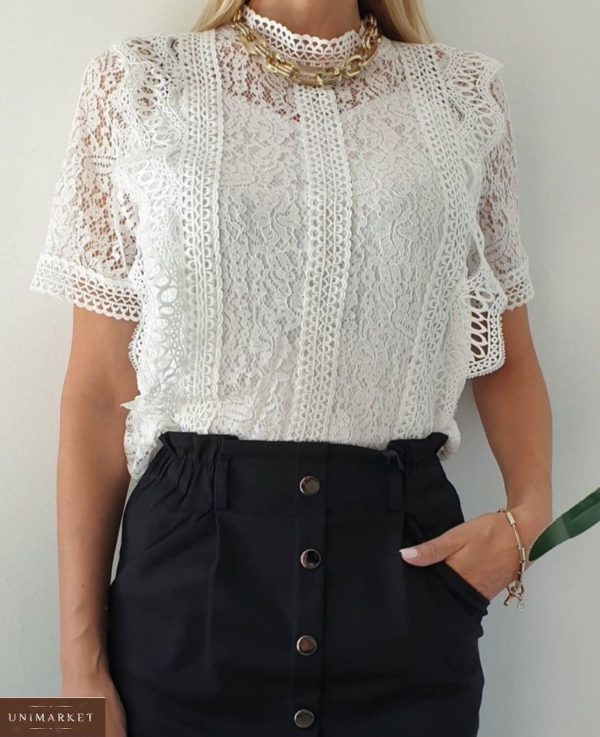 Заказать женскую белую кружевную блузку с коротким рукавом онлайн