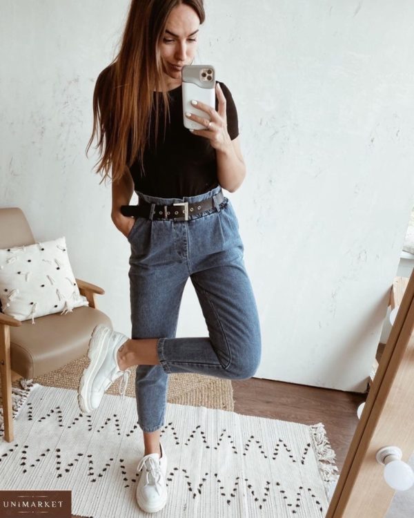 Заказать женские укороченные джинсы baggy с поясом (размер 42-48) синего цвета онлайн