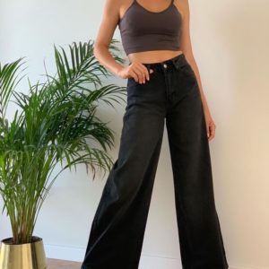Купити жіночі широкі джинси з високою талією чорного кольору в Україні