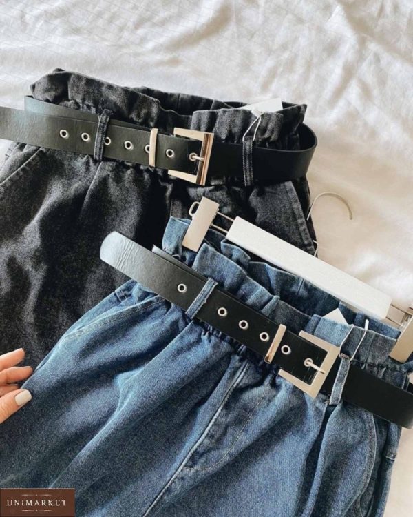 Приобрести синие, серо-черные укороченные джинсы baggy с поясом (размер 42-48) для женщин выгодно