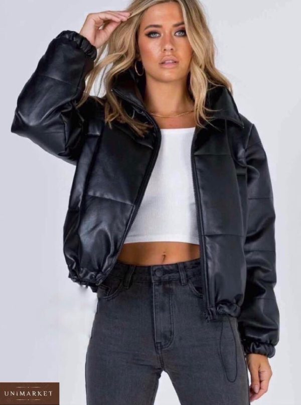 Приобрести черную короткую женскую теплую куртку из эко кожи онлайн
