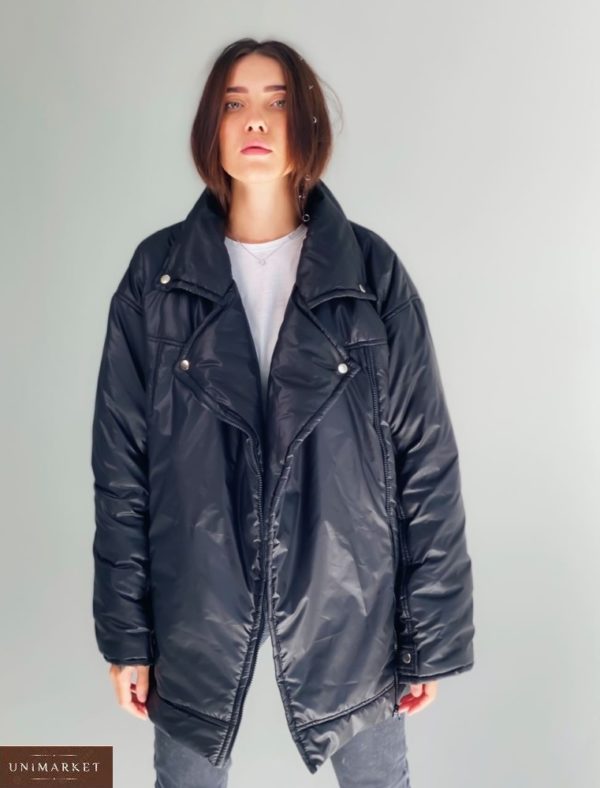 Замовити жіночу подовжену чорну куртку з плащової тканини з євро пухом (розмір 42-48) по знижці