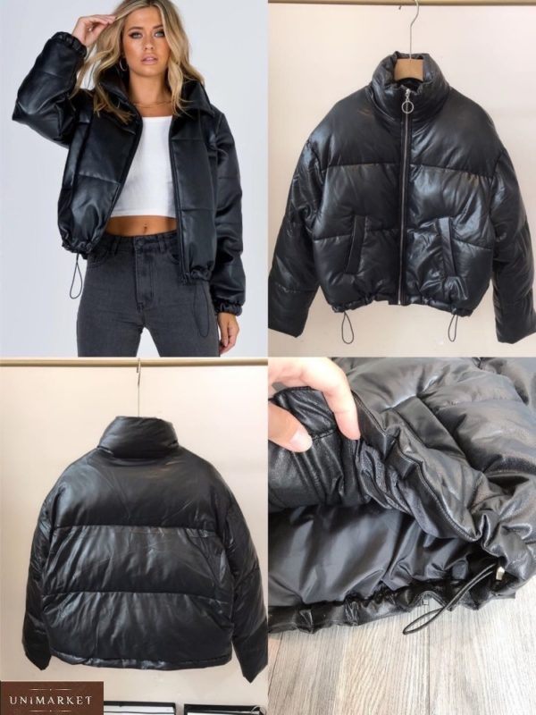 Купить женскую короткую теплую куртку из эко кожи черного цвета дешево