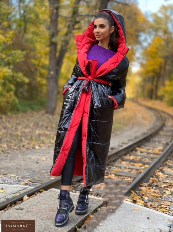 Замовити жіночу двосторонню довгу куртку з поясом (розмір 42-58) чорну / червону двосторонню довгу куртку з поясом (розмір 42-58) по знижці