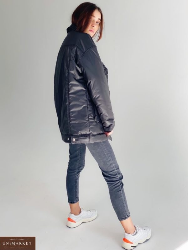 Придбати чорну жіночу подовжену куртку з плащової тканини з євро пухом (розмір 42-48) на зиму онлайн