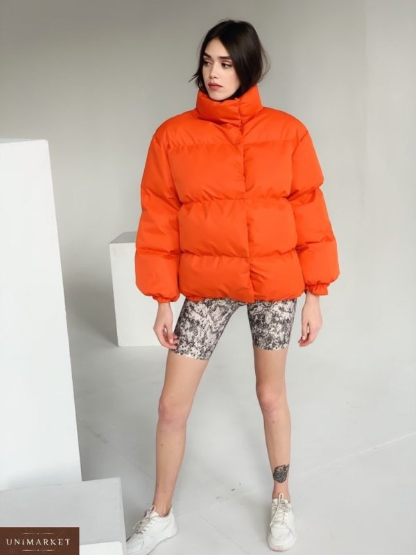 Заказать женскую теплую непромокаемую дутую куртку оверсайз (размер 42-48) оранж выгодно