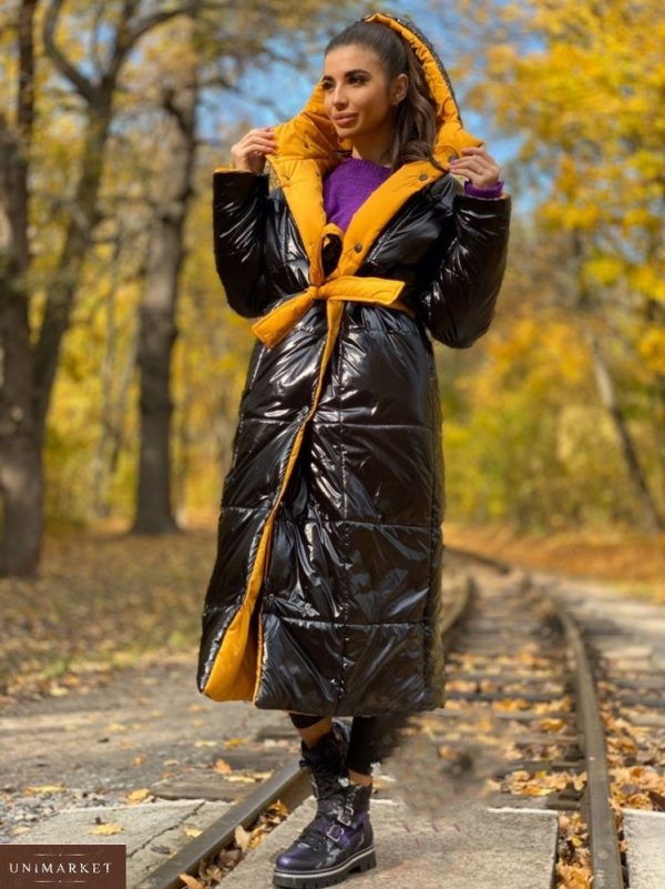Приобрести черный/горчица цвета двухстороннюю длинную куртку с поясом (размер 42-58) для женщин по низким ценам