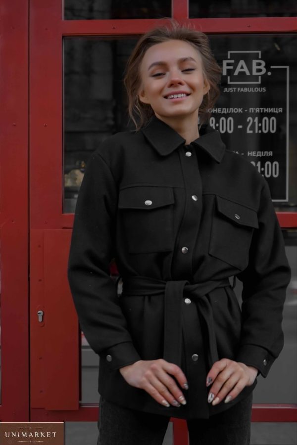 Приобрести черного цвета кашемировое пальто в рубашечном стиле с поясом (размер 42-56) для женщин недорого