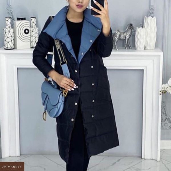 Замовити чорне двостороннє пальто-ковдру з кишенями (розмір 42-48) недорого жіноче
