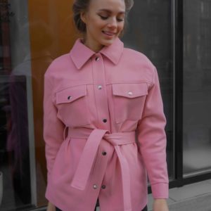 Заказать розовое женское кашемировое пальто в рубашечном стиле с поясом (размер 42-56) по низким ценам