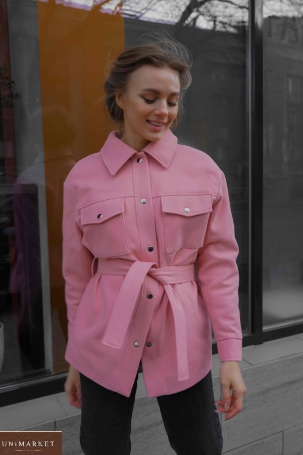 Замовити рожеве жіноче кашемірове пальто в сорочковому стилі з поясом (розмір 42-56) за низькими цінами