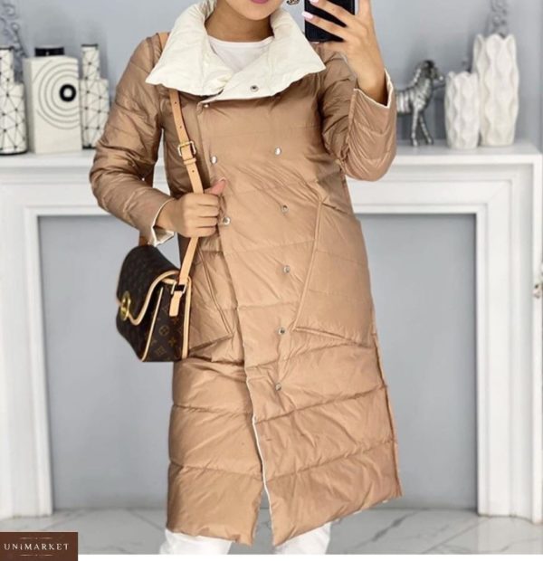 Приобрести карамельного цвета женское двустороннее пальто-одеяло с карманами (размер 42-48) по низким ценам