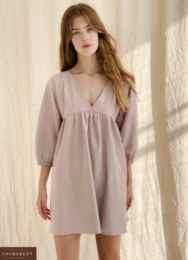 Замовити бежеве вільне жіноче плаття міні з V-подібним вирізом (розмір 42-48) онлайн