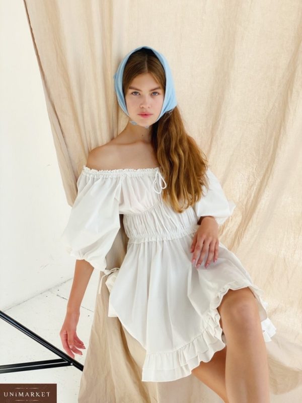 Придбати жіночу сукню міні з бавовни з відкритими плечима (розмір 42-48) білого кольору недорого