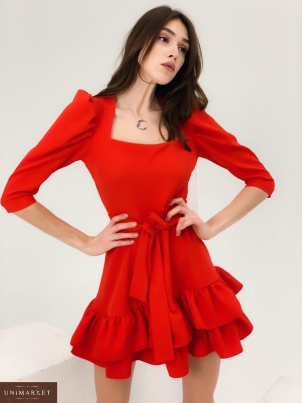 Купити плаття міні з воланами і рукавами-ліхтариками (розмір 42-48) для жінок червоне вигідно