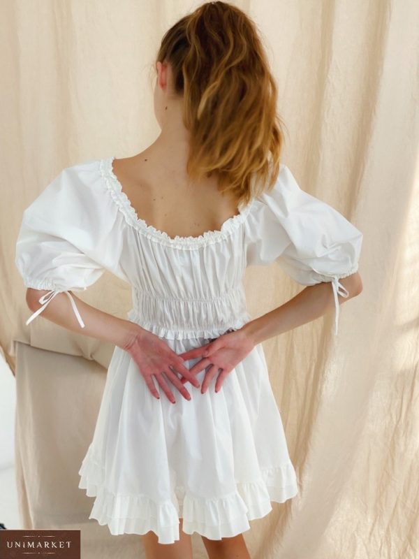 Заказать белое платье для женщин мини из хлопка с открытыми плечами (размер 42-48) онлайн