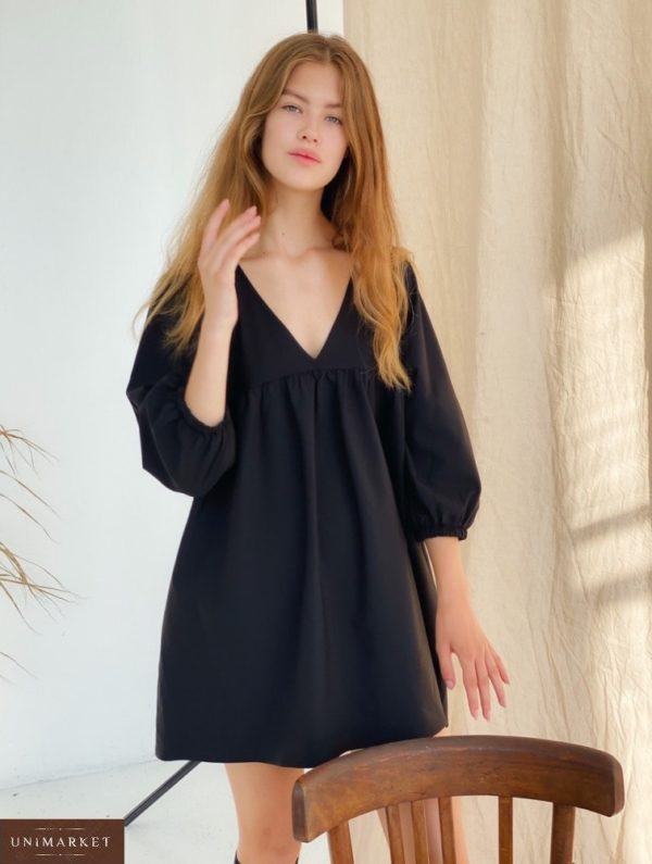 Замовити жіноче вільне плаття міні з V-подібним вирізом чорне (розмір 42-48) за низькими цінами