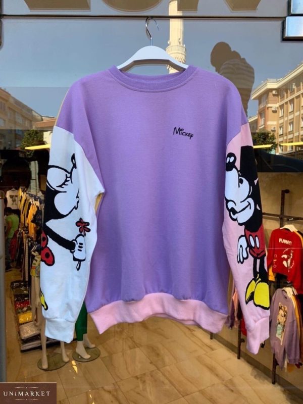 Приобрести женский свитшот Mickey с принтованными рукавами сиреневого цвета недорого