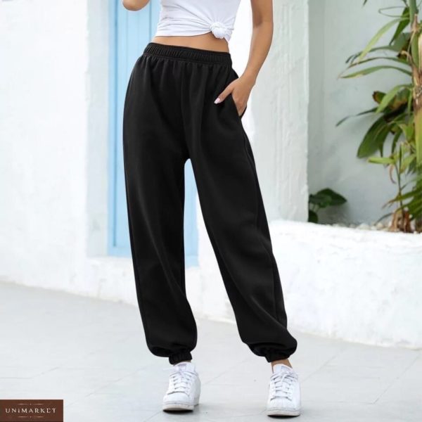 Замовити чорні для жінок трикотажні штани з кишенями на гумці (розмір 42-50) недорого
