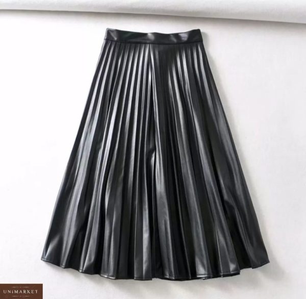 Приобрести черную женскую юбку плиссе длины миди из эко кожи онлайн